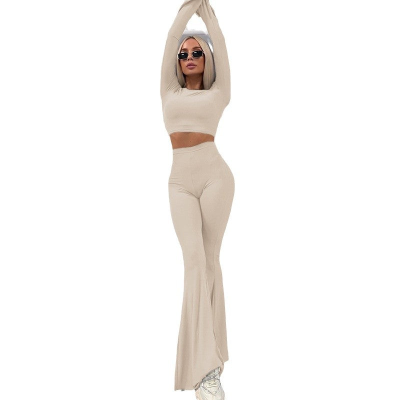 European and american cross-border women's fashion:  autumn new collection - solid color crew neck flared long sleeve top and skinny flare pants two-piece set