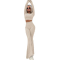 European and american cross-border women's fashion:  autumn new collection - solid color crew neck flared long sleeve top and skinny flare pants two-piece set