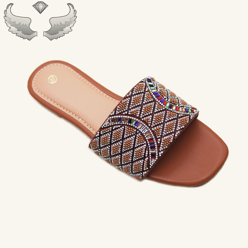 Factory ladies slippers批发夏季时尚水钻平底防滑凉拖工艺鞋女