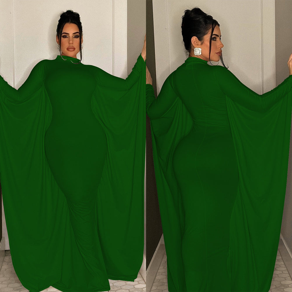 C6575 cross-border   fashion women's solid color batwing long sleeve maxi dress