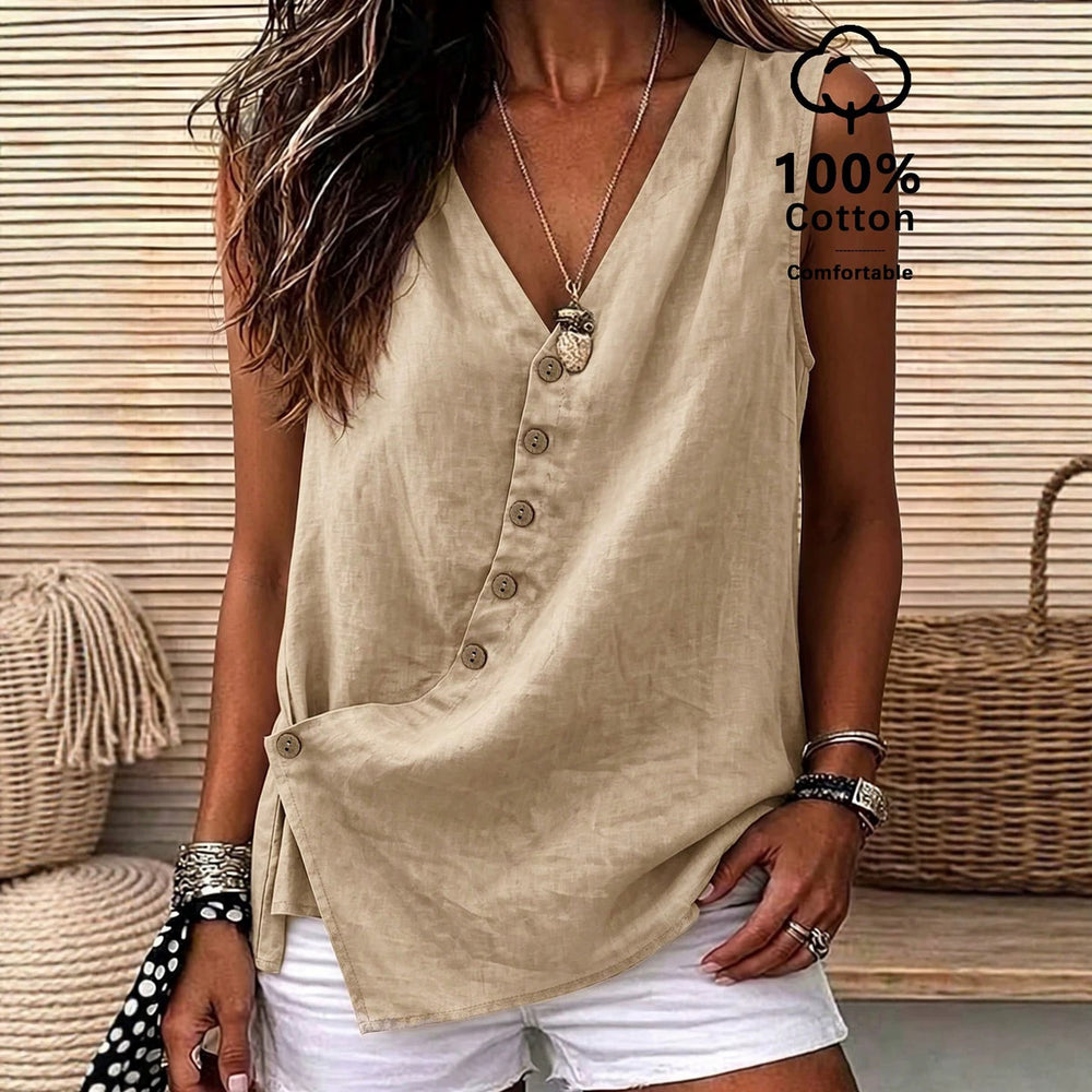 Casualv neck diagonal buckle loose linen vest casual side slit vacation comfy basics women's clothing 1688 supply