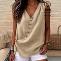 Casualv neck diagonal buckle loose linen vest casual side slit vacation comfy basics women's clothing 1688 supply