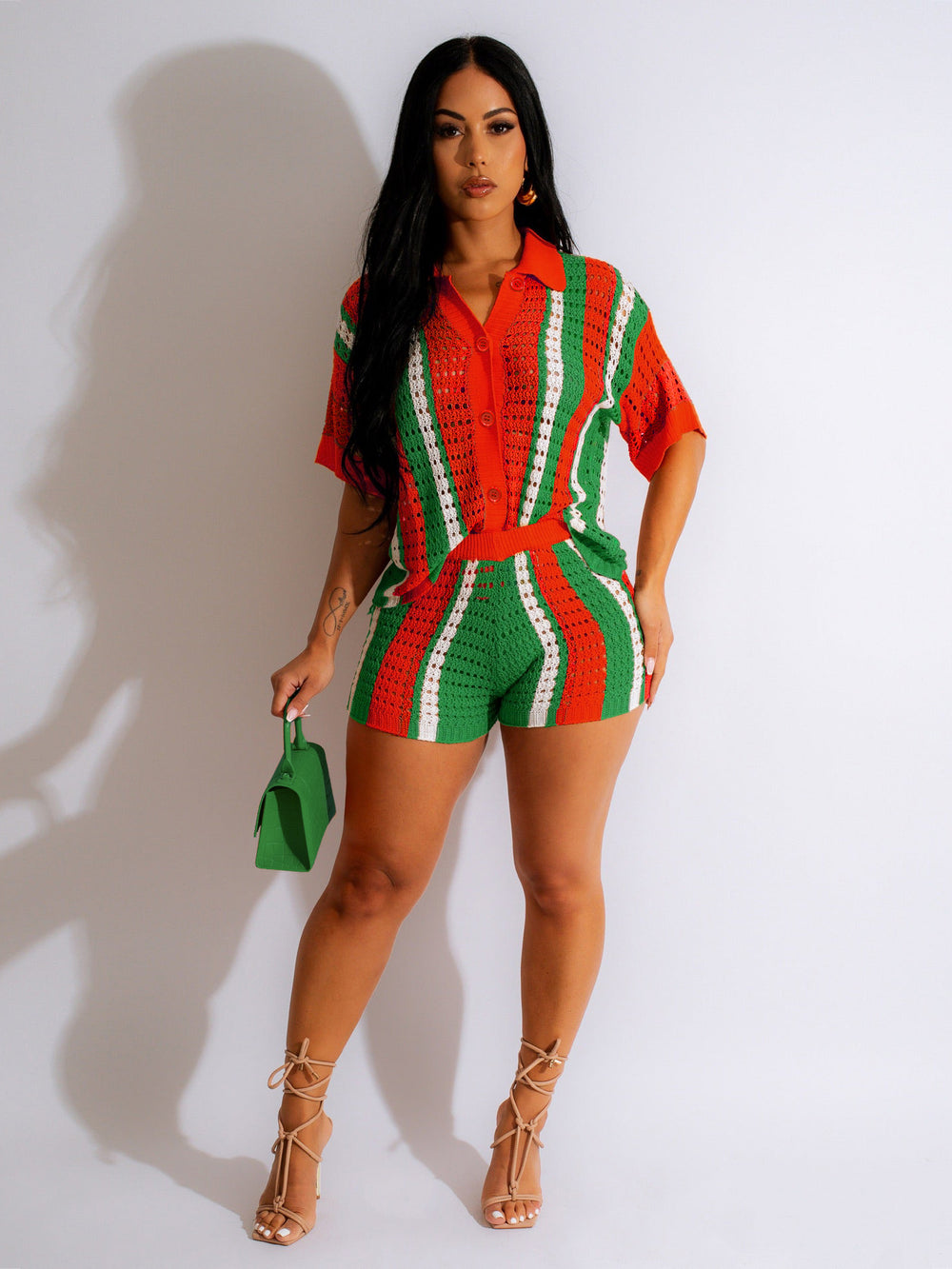 Amazon hot selling european and american women's clothing sexy women's cut out see-through contrast color lapel knitting shorts suit