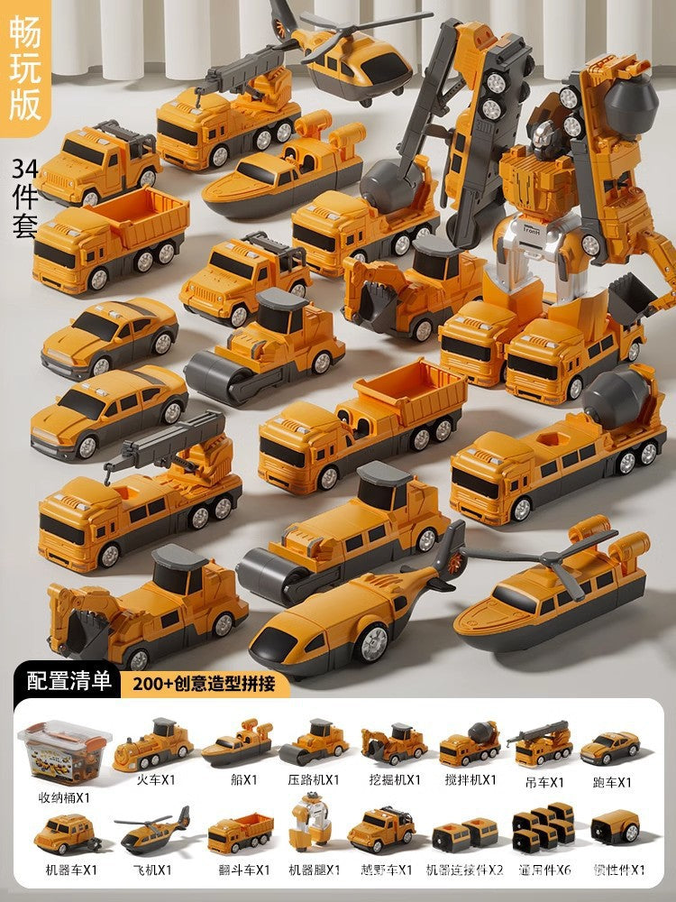 Kids' toy car set - construction vehicle transformation puzzle - fire truck included - perfect birthday gift for 3-4 year old boys