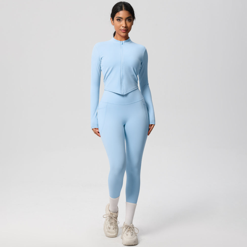 European and american nude feel compression zip-up yoga set - high-waisted pocket quick-dry activewear running fitness two-piece outfit