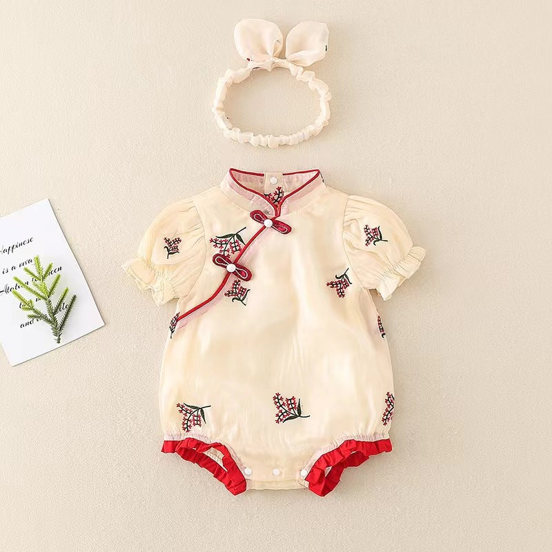 Infant and toddler summer romper, baby girl's cute cheongsam-style onesie, chinese traditional classical clothing, triangle bodysuit, crawling suit