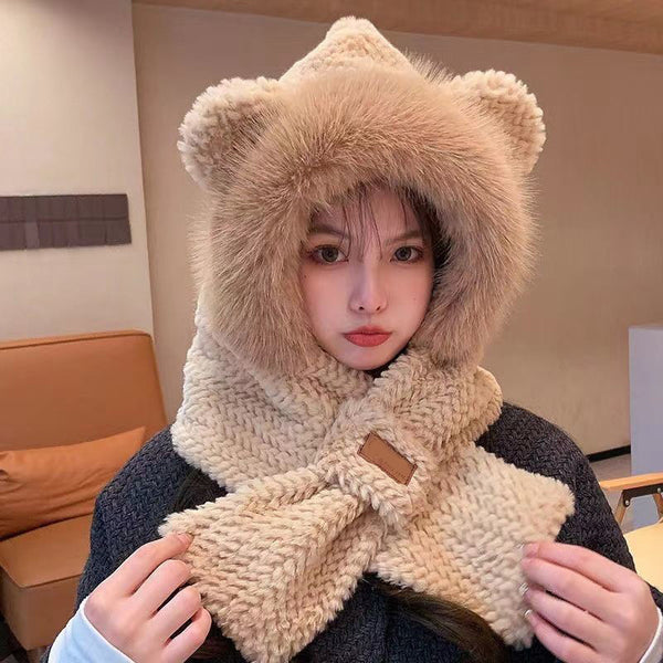 Winter new women's scarf integrated plush hat versatile cute rabbit fur hat cycling warm thickened scarf hooded