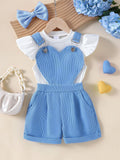 25 cross-border spring and summer fashionnew arrivalgirl round neck small flying sleeve tops heart design suspender shorts suitgirl