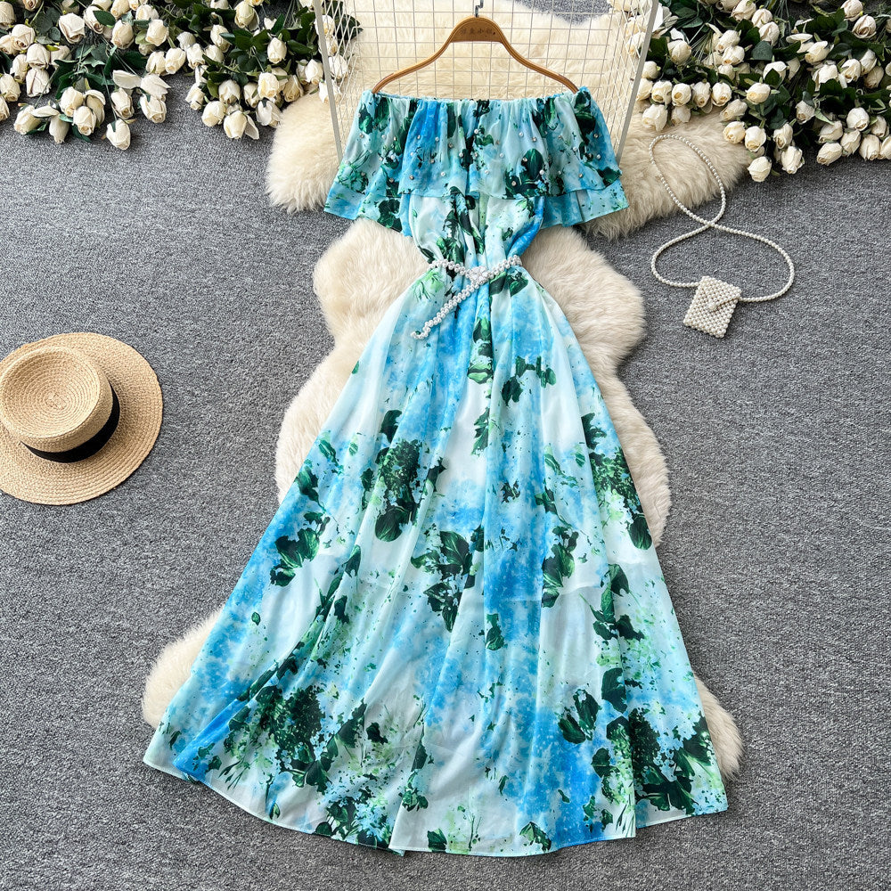 new women's summer sleeveless printed dress with pearl off-the-shoulder neckline, high-waisted a-line skirt, commute-friendly high street style