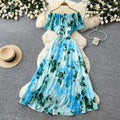 new women's summer sleeveless printed dress with pearl off-the-shoulder neckline, high-waisted a-line skirt, commute-friendly high street style