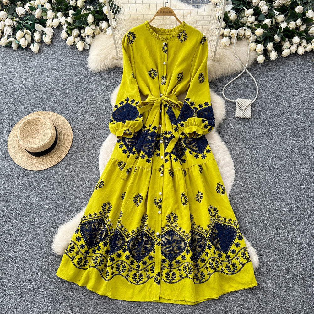 Lightly mature elegance style lantern sleeve printingdress women's springlong sleeves waist tie backa-line mid-length skirt holiday style