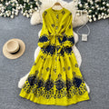 Lightly mature elegance style lantern sleeve printingdress women's springlong sleeves waist tie backa-line mid-length skirt holiday style