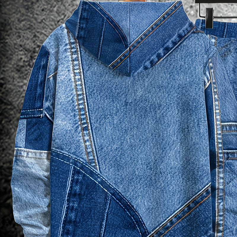 fashiontrendymencasualsuitautum denim effect hooded sports pants sweatshirtsuit wholesale