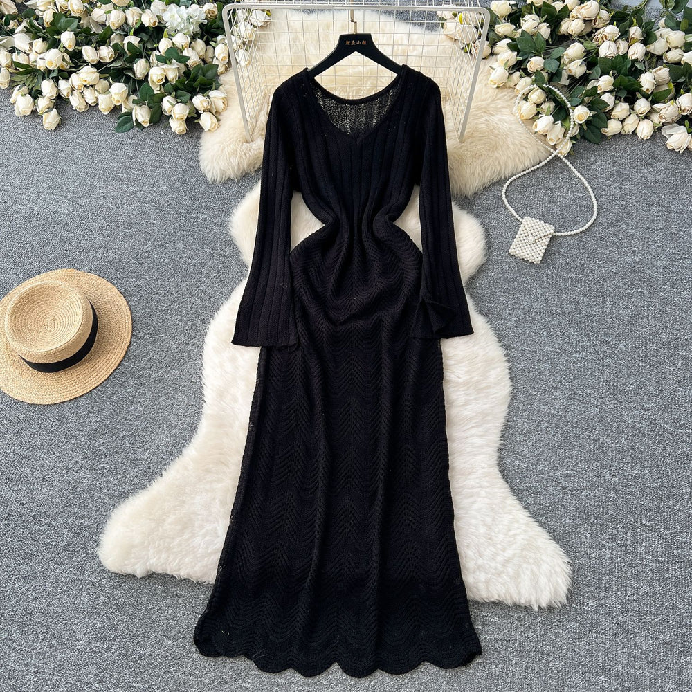 Sweater dress women's layered inner suspender skirt two-piece set spring korean style classy sense cut outknitting long skirt