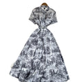 Vintage ink wash painting print short sleeve dress - women's summer stand collar belted slimming design - elegant mid-length dress
