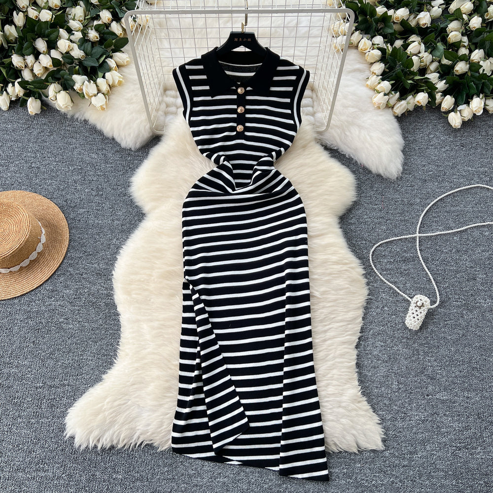 Korean chic niche retro polo collar sleeveless color block striped slit irregular knit dress