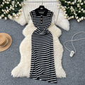 Korean chic niche retro polo collar sleeveless color block striped slit irregular knit dress