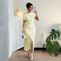fashionsummernew arrival off-white oblique shoulder twist dress waist slit elegant mid-length dress
