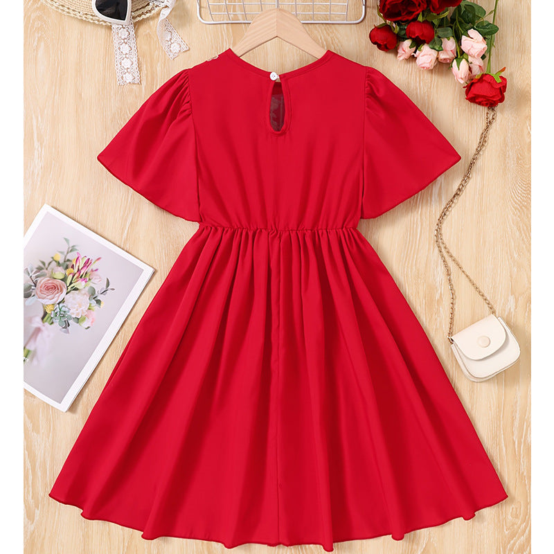 girls' dress - solid red embroidered & printed pleated skirt - summer sweet princess dress for mid-to-large children