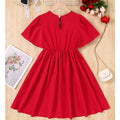 girls' dress - solid red embroidered & printed pleated skirt - summer sweet princess dress for mid-to-large children