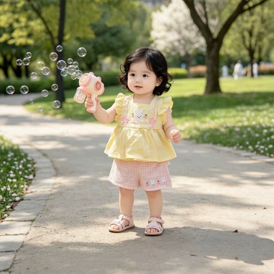 Cute cartoon rabbit girl's summer outfit set -  new summer collection: memory foam bunny top & plaid pants for babies