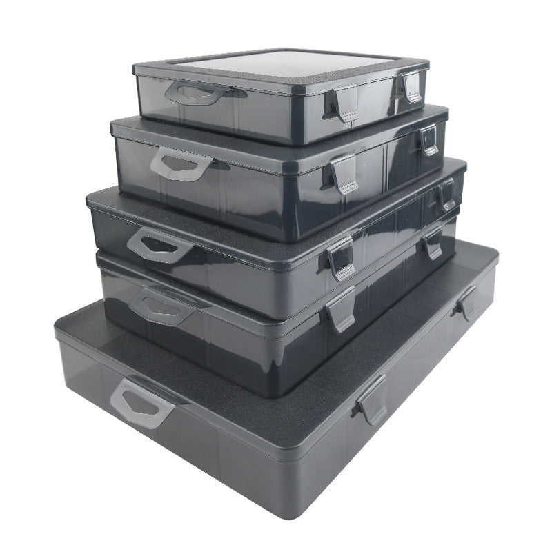 Multi-compartment parts box, transparent plastic organizer for small screws, tool and electronic component storage, drill bit and accessory grid box
