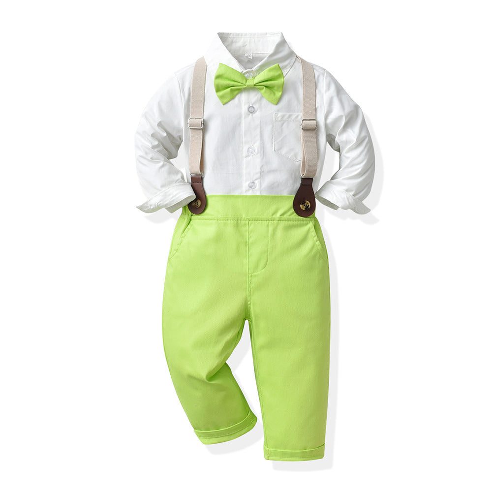 Boys' autumn outfit set - new foreign trade style, korean fashion for mid-to-large children, cotton white shirt & neon green overalls, trendy kids' clothing