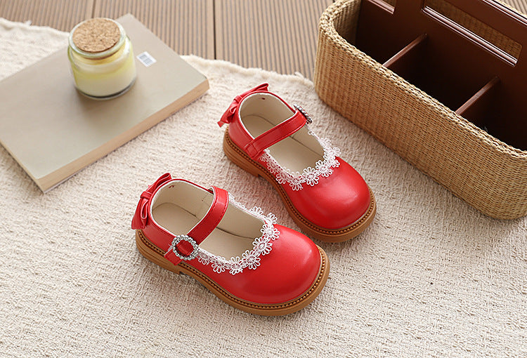 Girls' mary jane leather shoes - new spring/autumn collection, soft sole princess shoes for babies, lace trimmed, vintage-style, versatile single shoes for toddlers