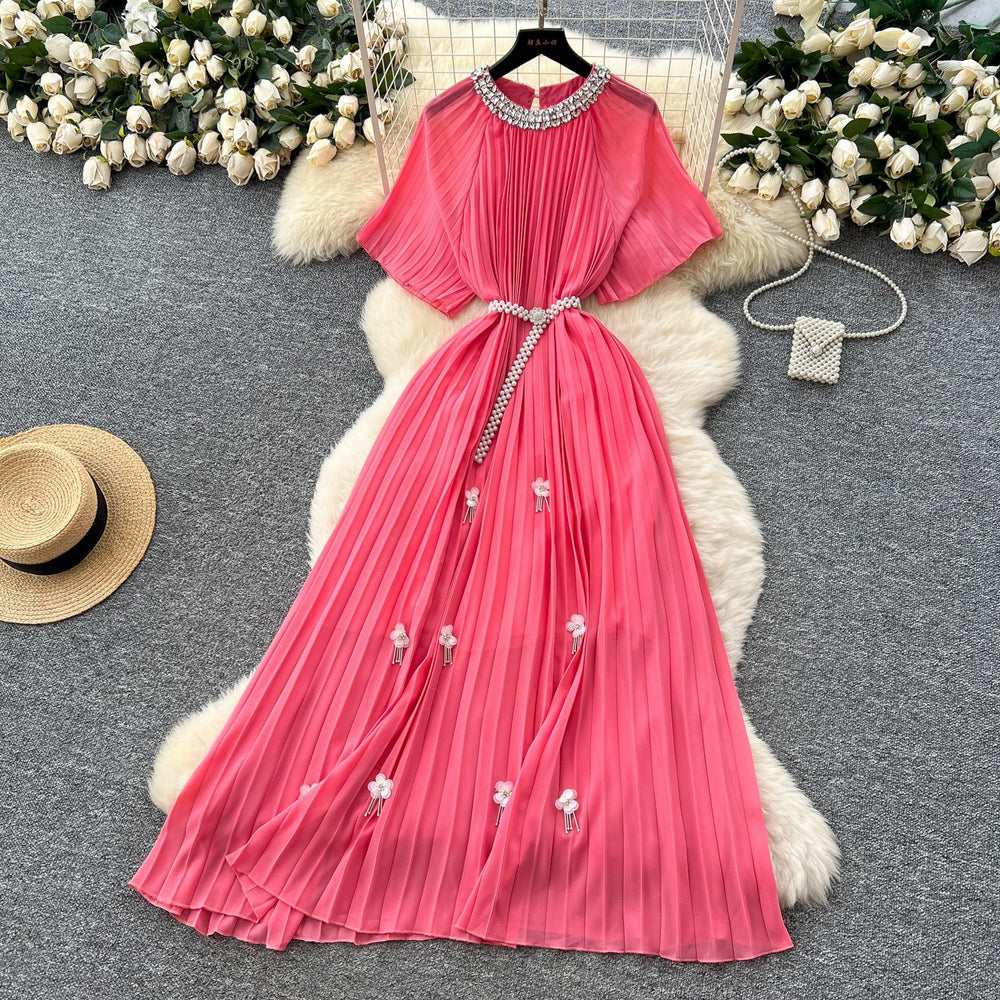European and american light luxury high-end short-sleeve dress for women - summer pleated, rhinestone-embellished, pearl belt design