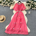 European and american light luxury high-end short-sleeve dress for women - summer pleated, rhinestone-embellished, pearl belt design