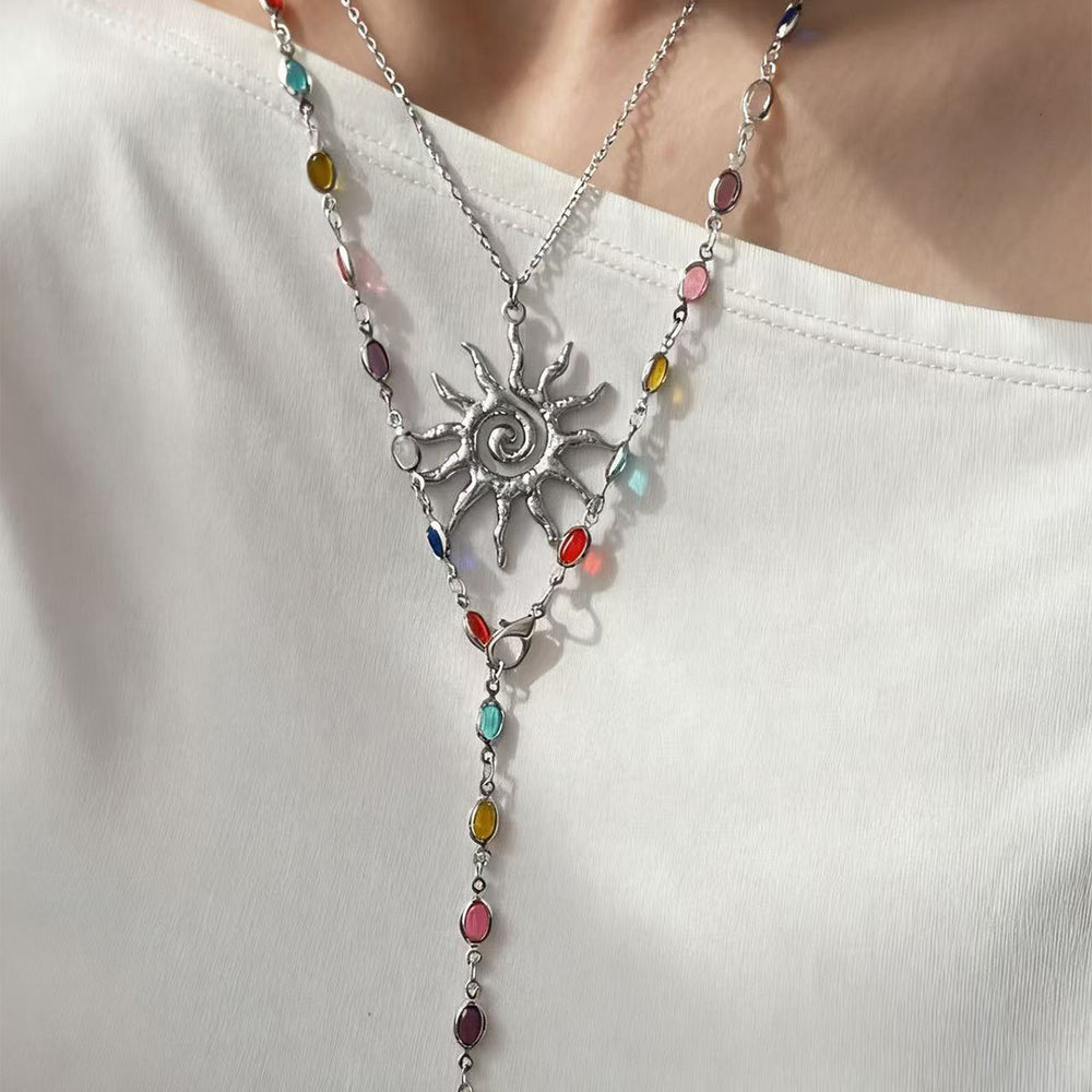 European and american cross-border sun pendant necklace, accessible luxury, high-end tassel eyes, long chain, colorful cold style clavicle chain
