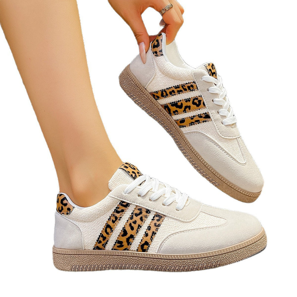 Exportplus sizespring & fallnew arrivalretro leopard print white shoes women's cross-border round toe tie backplus sizecasualeasiest for match women's shoes
