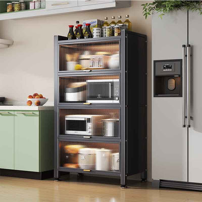 Multifunctional kitchen storage rack with cabinet doors, floor-standing, multi-tier, dustproof storage cabinet for microwave, pots, pans, and bowls