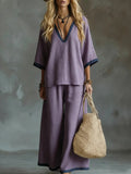 fashion women's summer two-piece set: casual solid color v-neck loose-fit short sleeve top and pants