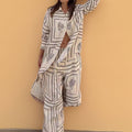 summer new women's clothing: cross-border export fashion set - european and american style casual printed long-sleeve shirt and wide-leg pants