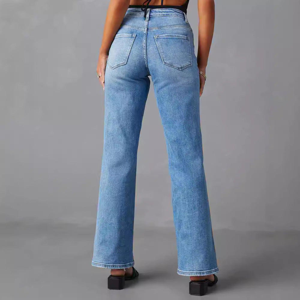 Amazon slit jeans women's new arrival stretch washed loose pants elegant commuterhigh waistjeans
