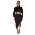 C6829 cross-border   fashion women's solid color long sleeve cropped two-piece dress set