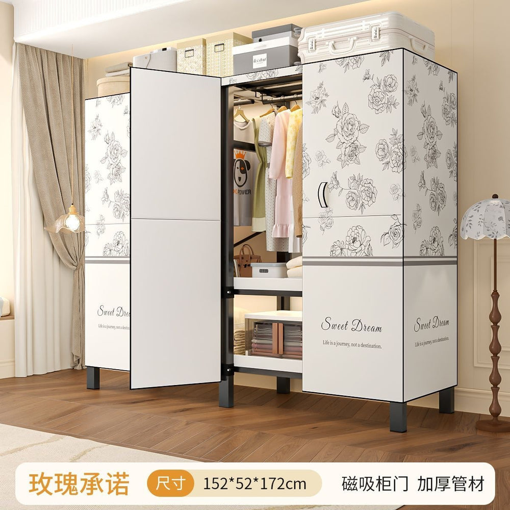 Easy-to-assemble, foldable wardrobe for bedrooms, ideal for home use or rental properties. dustproof, moisture-proof, with reinforced construction, fully sealed, and mildew-resistant. features a convenient swing-out door