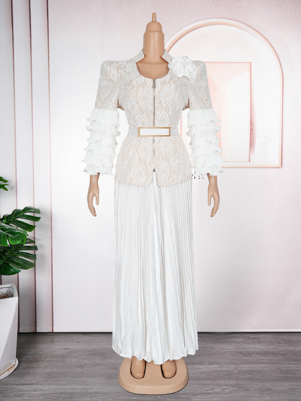 African women's fashion european and american cross-border trade pleated lace print dress evening party long dress wedding dress two-piece set