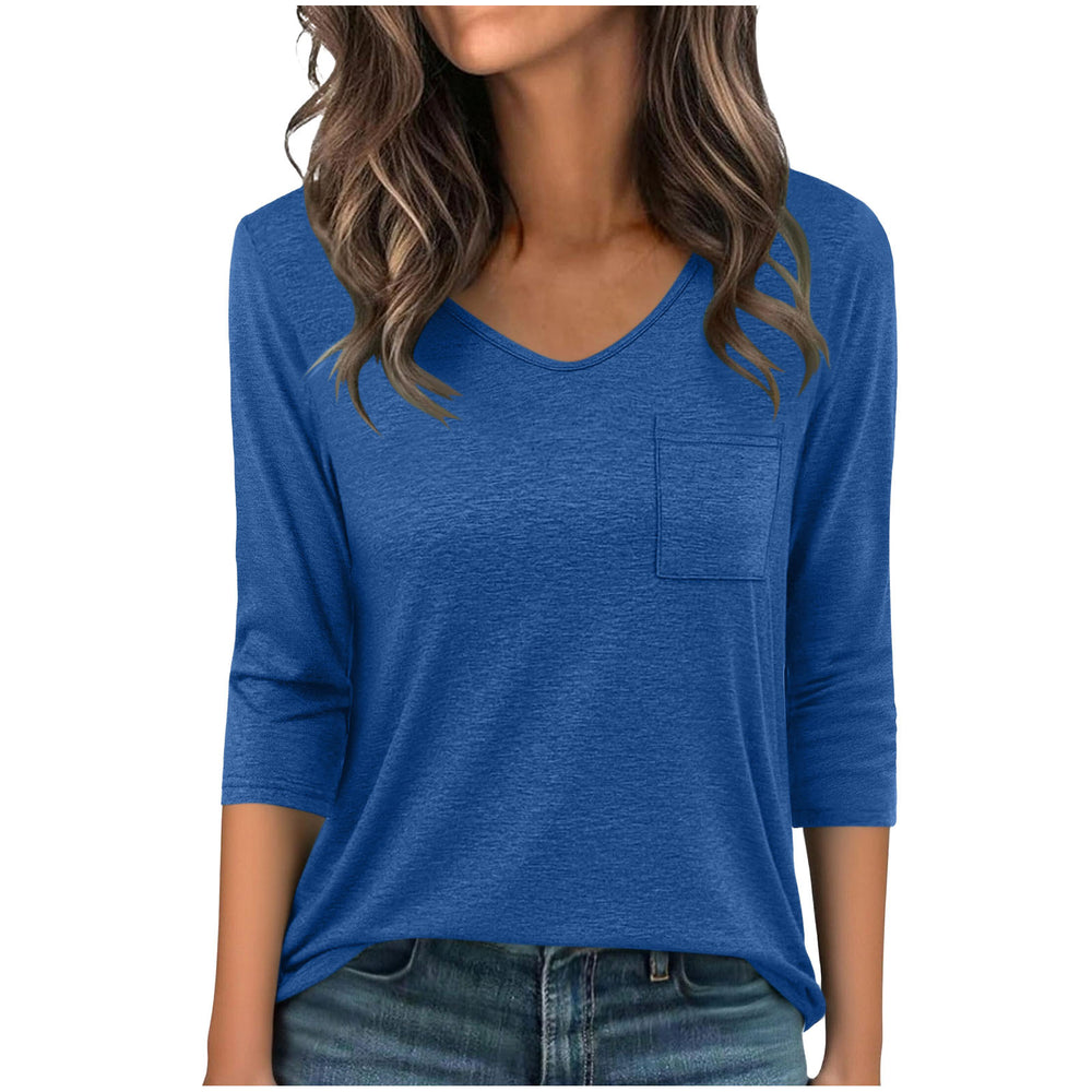 european and american cross-border new arrival: slim-fit, versatile solid color v-neck pocket pullover three-quarter sleeve t-shirt - women's casual top