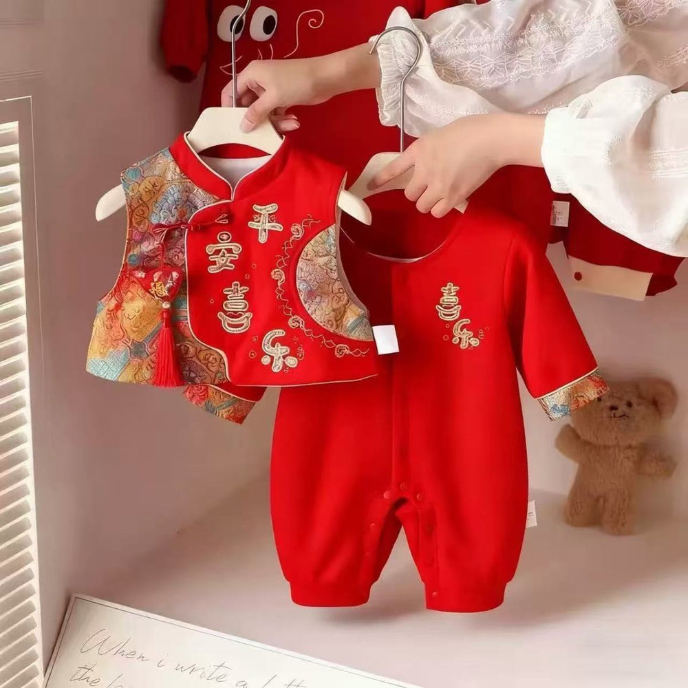 Spring autum jumpsuit baby clothes baby full moon first birthday banquet red festive national style khaki new year anxi crawling suit