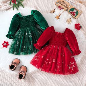 new european and american autumn christmas dress top - ruched bubble sleeve mesh patchwork girls' dress