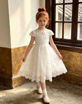 export girls' dress - lace trim, short sleeve, white, vacation style, tulle skirt, summer children's dress - in stock