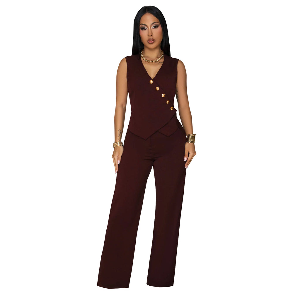 C7496 cross-border   fashion women's casual sleeveless v-neck top and pants two-piece set - new