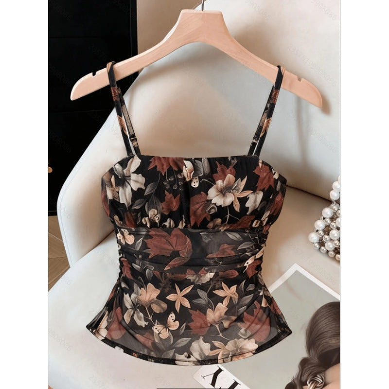 Women's summer new fashion versatile elegant mesh floral print ruched cami top