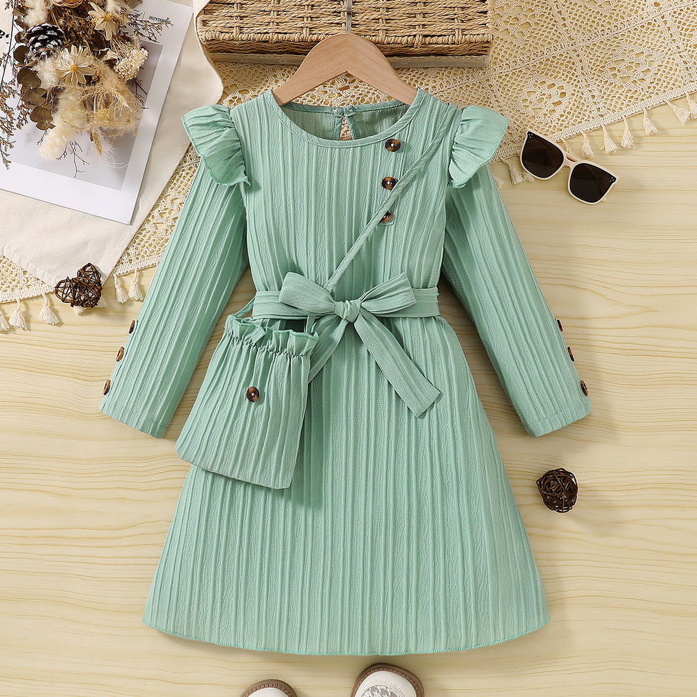 New girls' white long-sleeve dress with lace trim, chanel-inspired waist detail, striped design, and matching crossbody bag - perfect for autumn