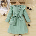New girls' white long-sleeve dress with lace trim, chanel-inspired waist detail, striped design, and matching crossbody bag - perfect for autumn