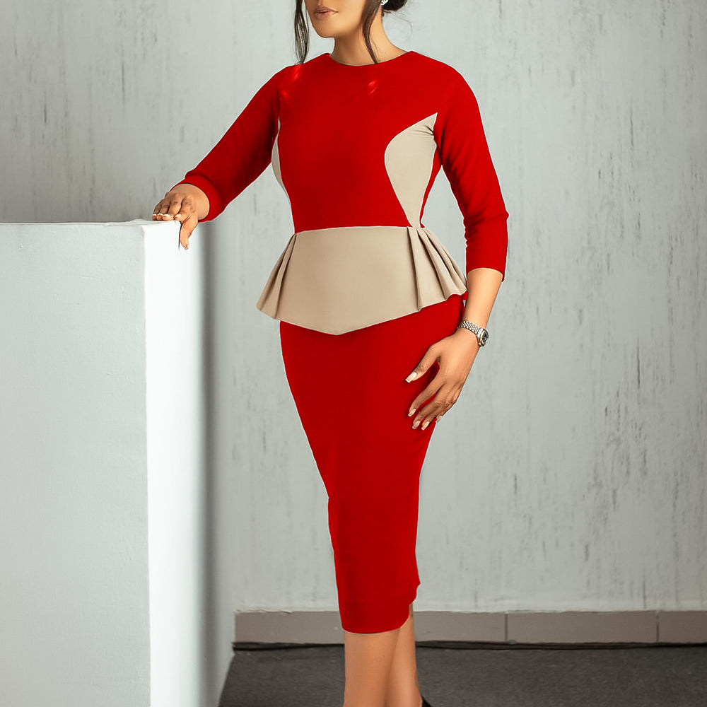 D531 european and american women's clothing  autumn/winter new fashion elegant color block office lady bodycon mini dress - export quality