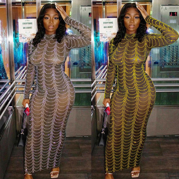 VK2230 sexy European and American hot diamond perspective slim-fitting long-sleeved dress nightclub dress