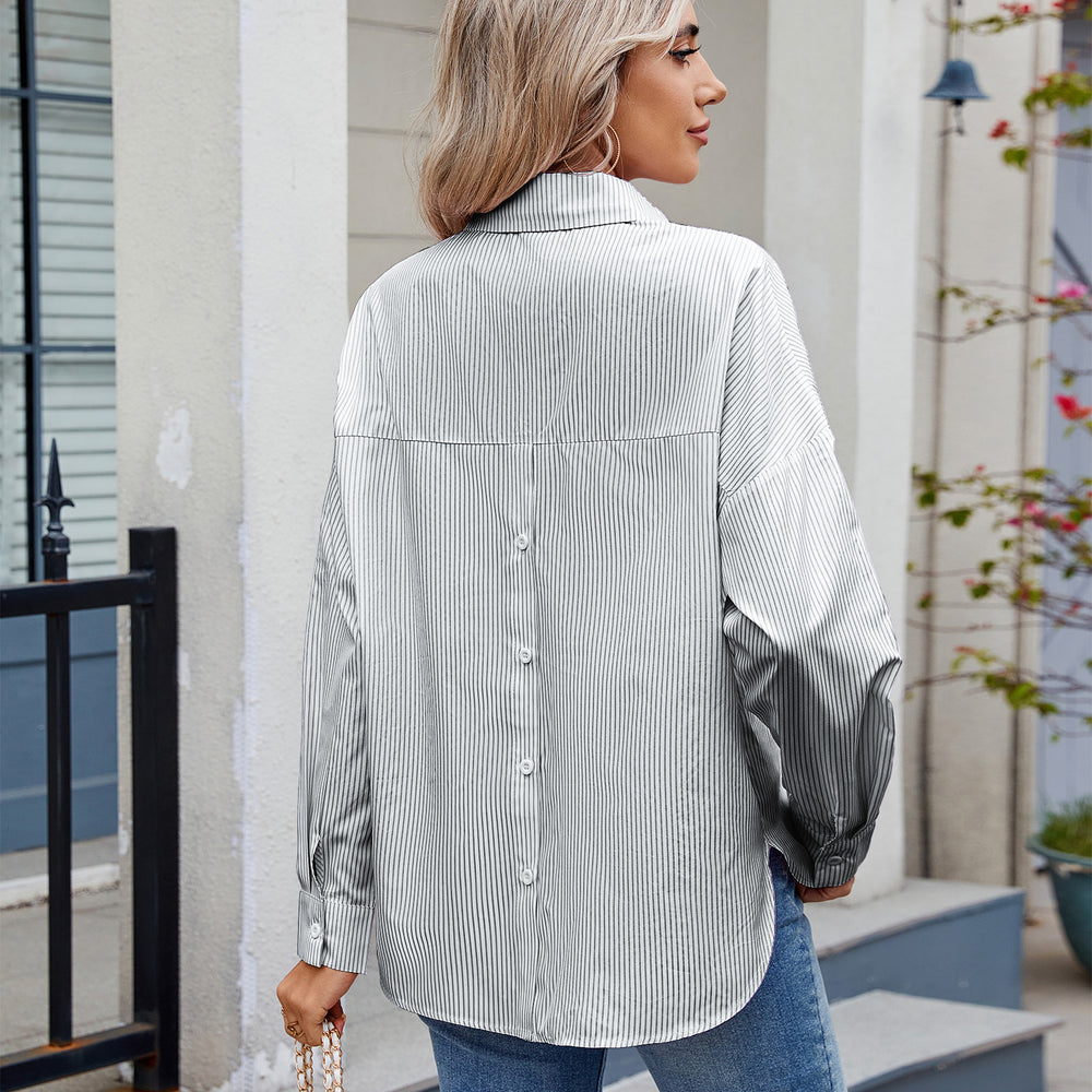 Fashion cross-border women's clothing new arrival   casualloose one-row button long sleevesstripesshirttops trendy